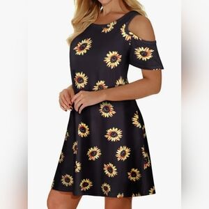 💲2️⃣ Misyula Style Cold Shoulder Floral Flowy T-Shirt Dress with Pockets Sz Sm